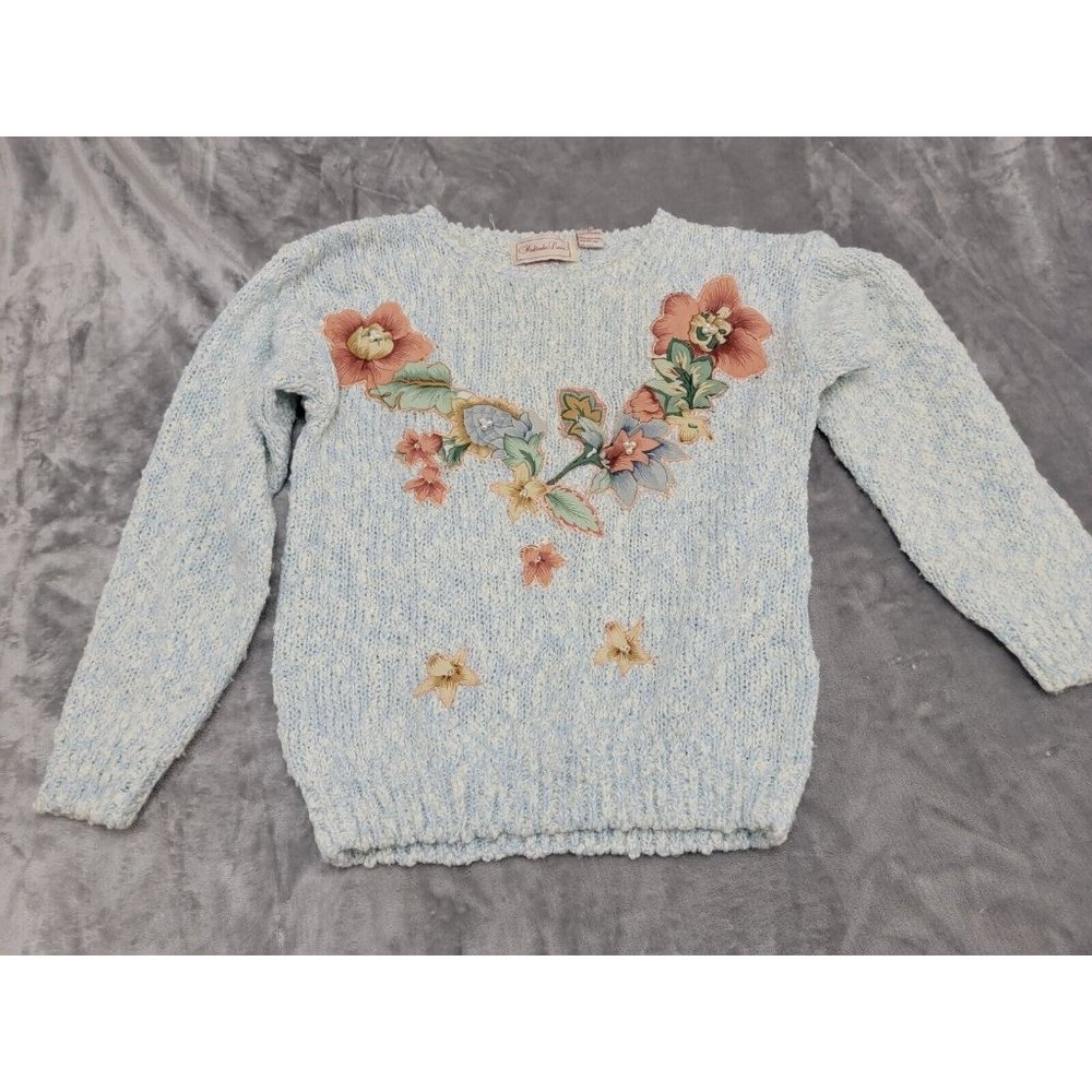 Vtg Penbrooke Lane medium blue Knit‎ Pearl Beaded Floral Applique Sweater